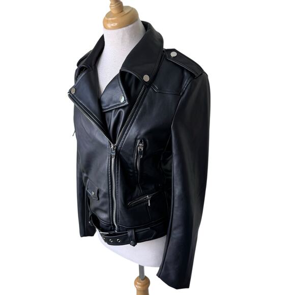 GREY LAB Faux Leather Biker Jacket Black Silver Hardware Size SMALL - Picture 9 of 11